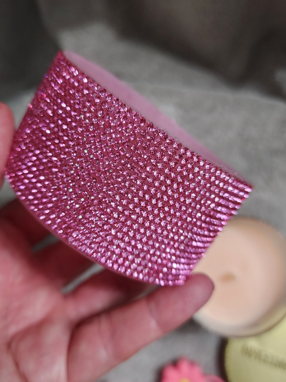 Sparkly Pink Silicone Ring, Pom Pom Keychain, Flower Straw Topper, & Candle - Picture 2 of 5